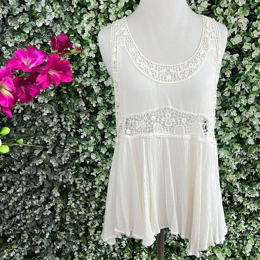 Cotton Candy Lace Accent White Open Back Tunic Tank Top
